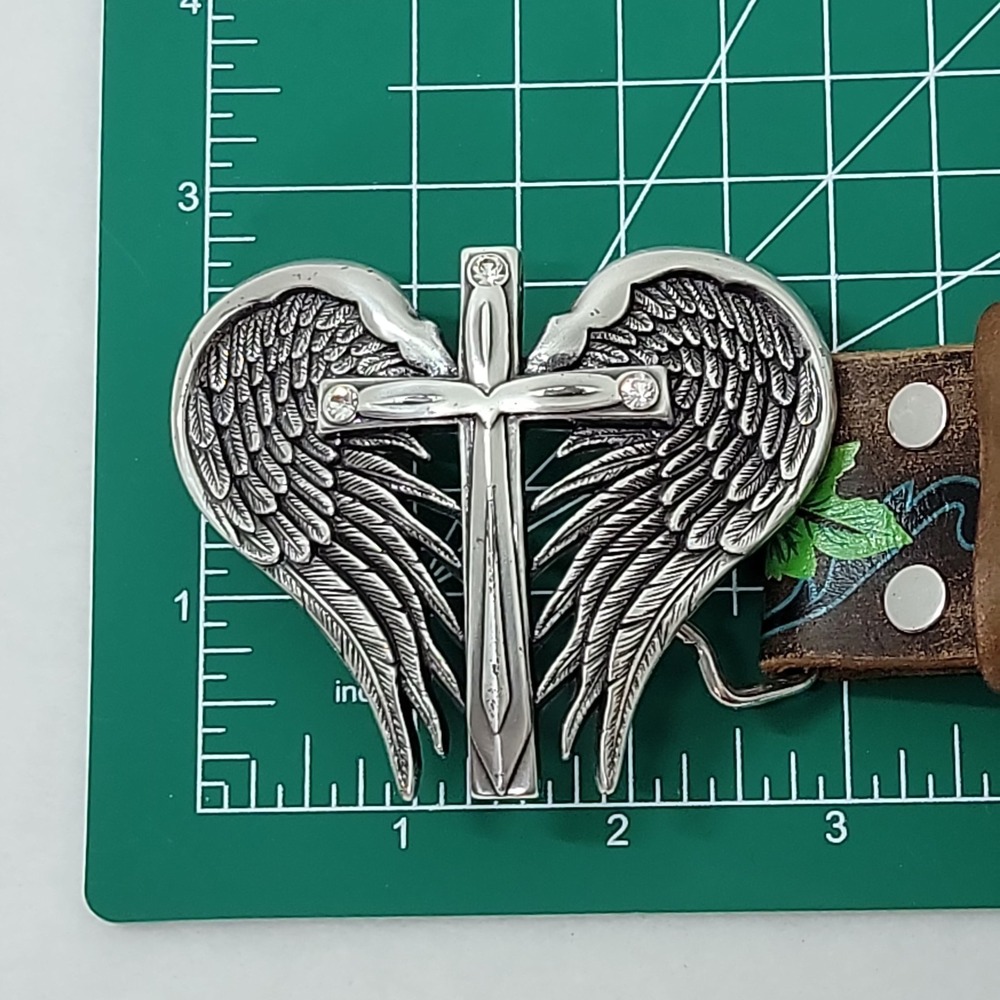 NOCONA Rhinestone Belt Wing Cross Buckle Silver Studs Tool Leather Western Sz S - Picture 6 of 12